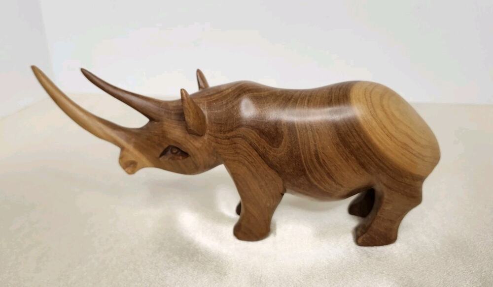 Vintage Hand Carved Teak Wood Rhinoceros Sculpture Figurine Mid Century 10 Inch